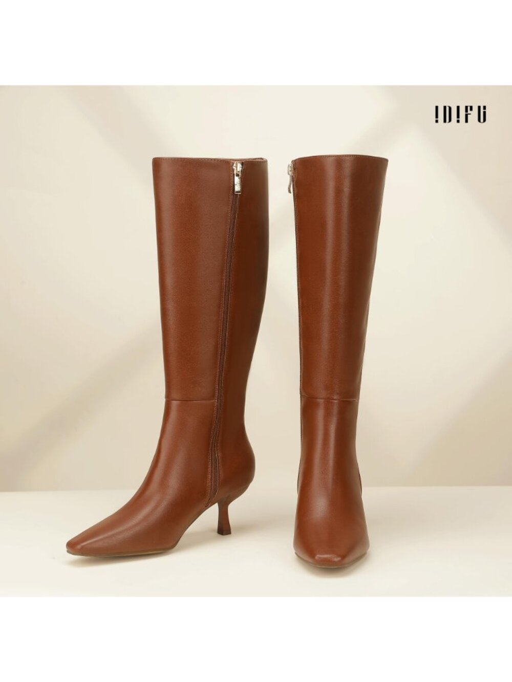 IDIFU Size 6 Boots Knee High Brown Side Zipper PU Upper Square Toe Kitten Heel - Picture 3 of 8